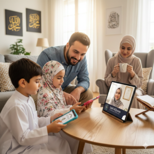 The Muslim Family Learning Together Filename: best-online-quran-learning-platform-usa.jpg Alt-Text: A Muslim family in a modern living room in the USA, with children using tablets for an online Quran lesson through Sabil AlQuran platform. Image Title: Sabil AlQuran Online Learning for Families Caption (Optional): Interactive 1-on-1 Quran classes for kids and adults at Sabil AlQuran.